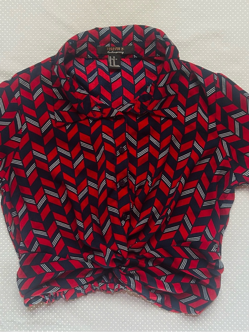 Forever 21 Red, Black and White Geometric Crop Button-Up